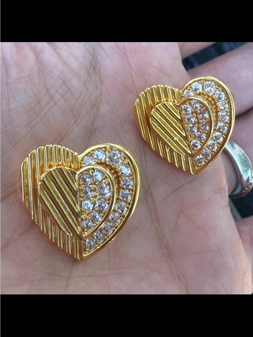 Gold plated Heart Brass White Zircon Stud Earrings 925 sterling silver post 13mm